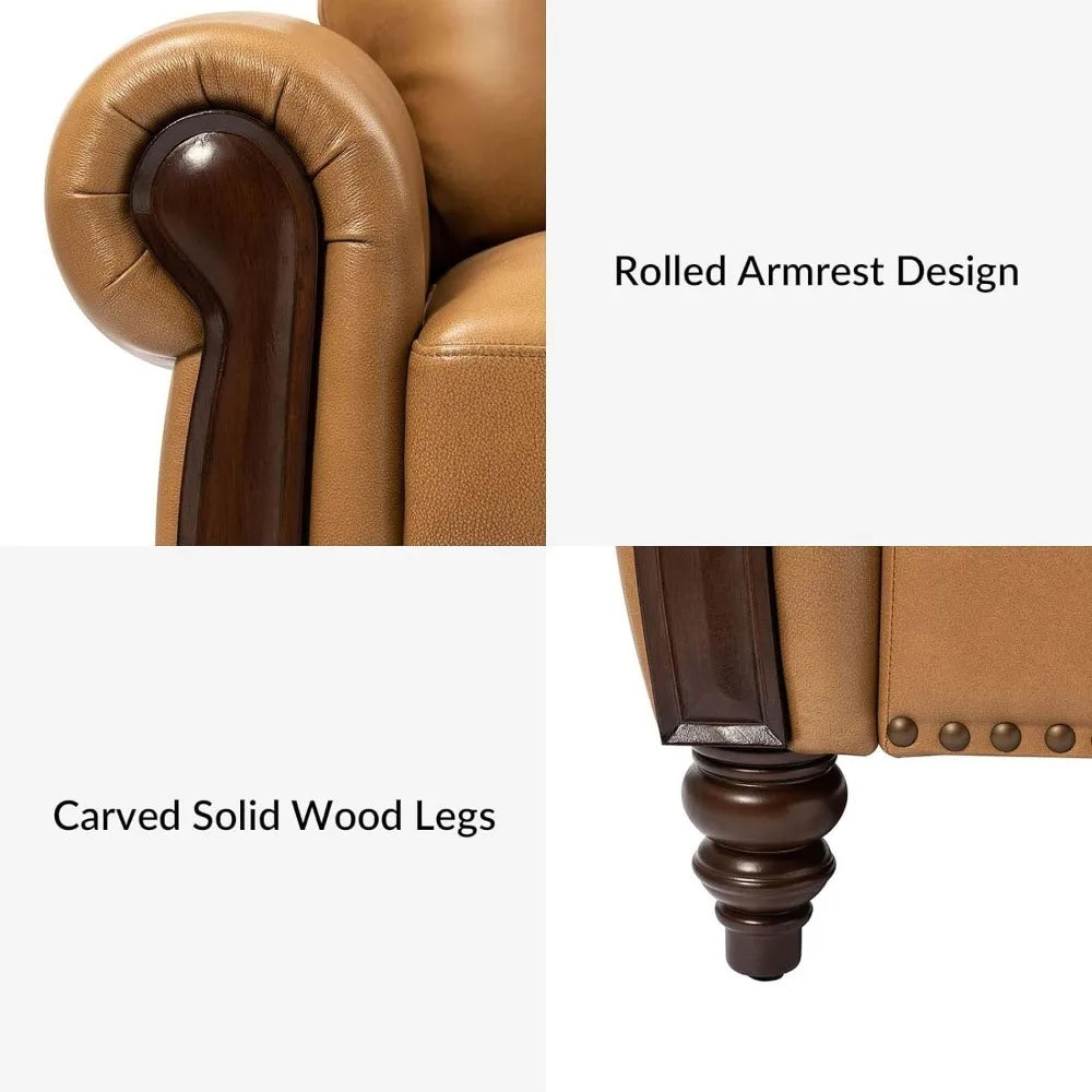 Genuine Leather Sofa 3-Seater Couch Traditional Living Room Sofa with Carved Solid Wood Legs, Camel