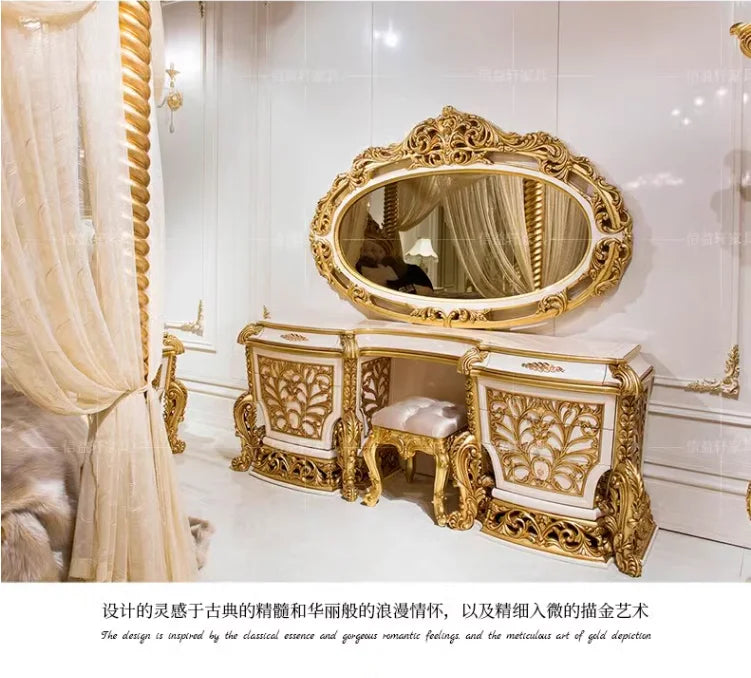 European luxury solid wood dressing table French bedroom gold dressing table dressing mirror stool furniture custom