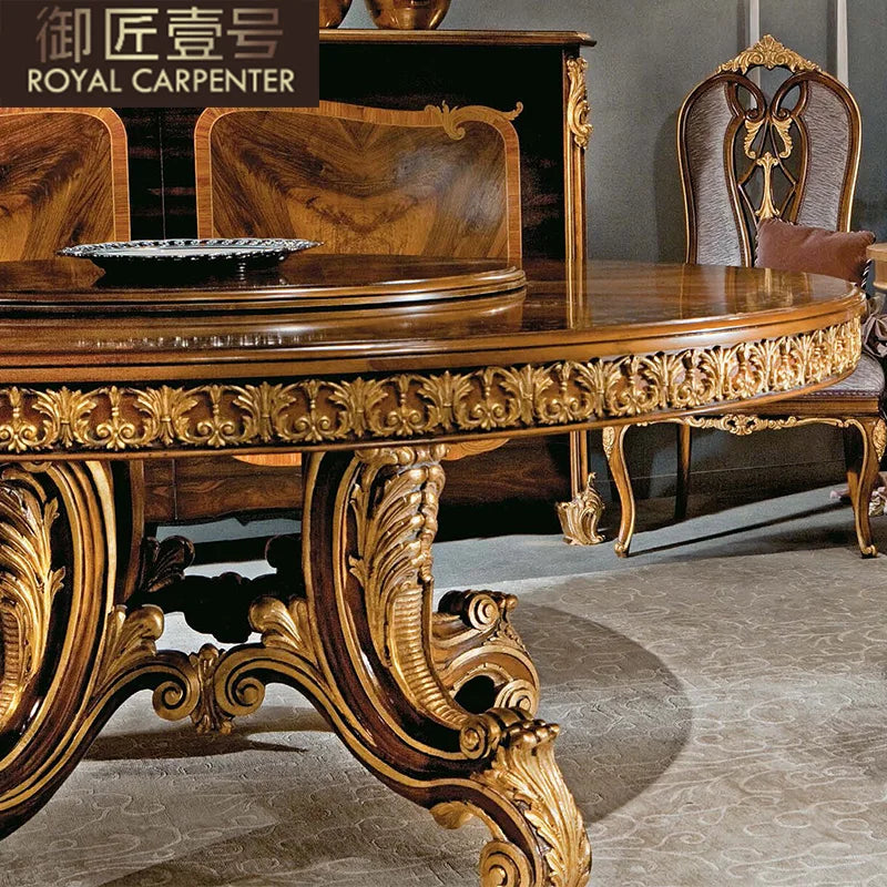 European Solid Wood Round Dining Table Set: Classical Design with 6 Chairs and Turntable