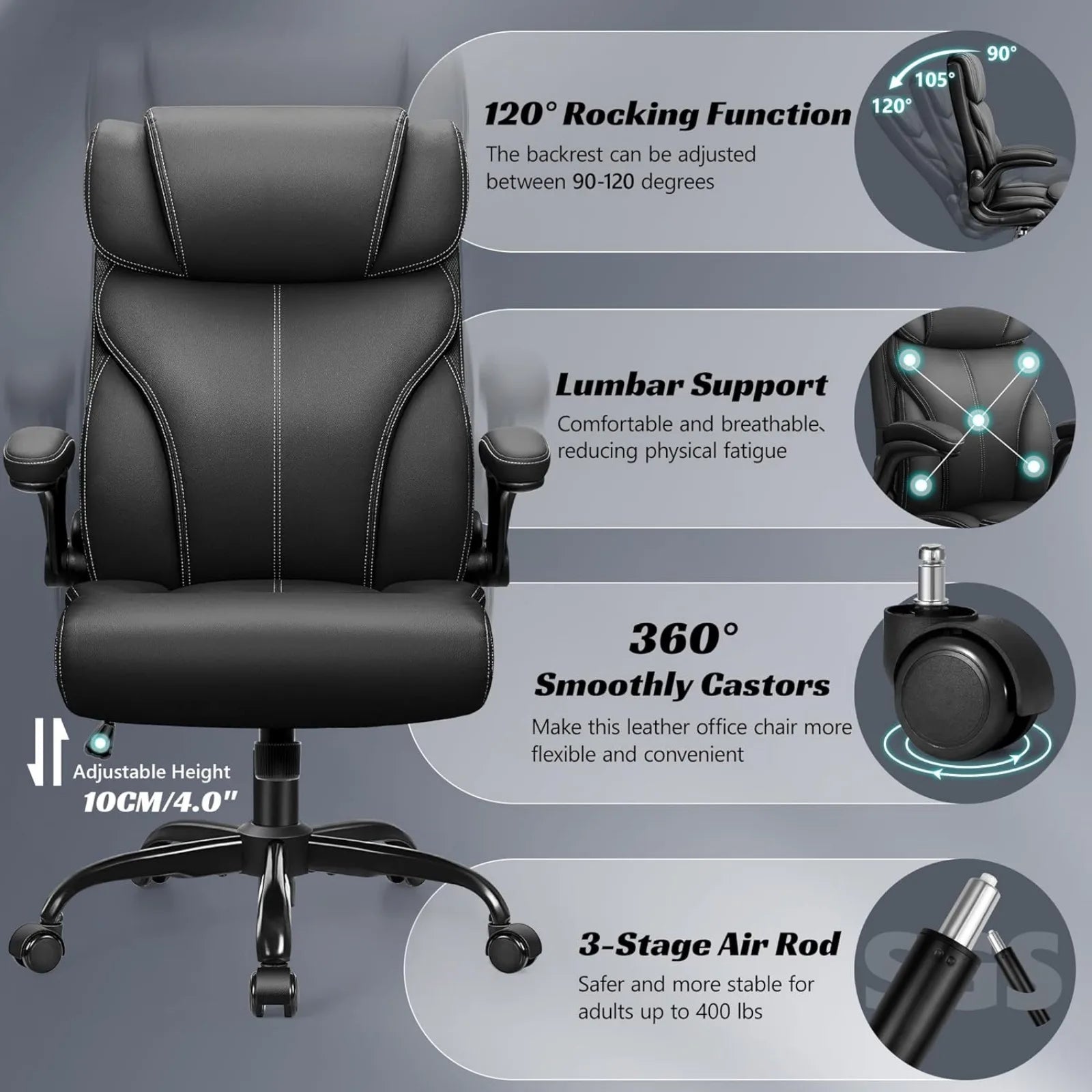 US Office Chair, Ergonomic Big and Tall Computer Desk Chairs, Executive Breathable Leather Chair with Adjustable High Back