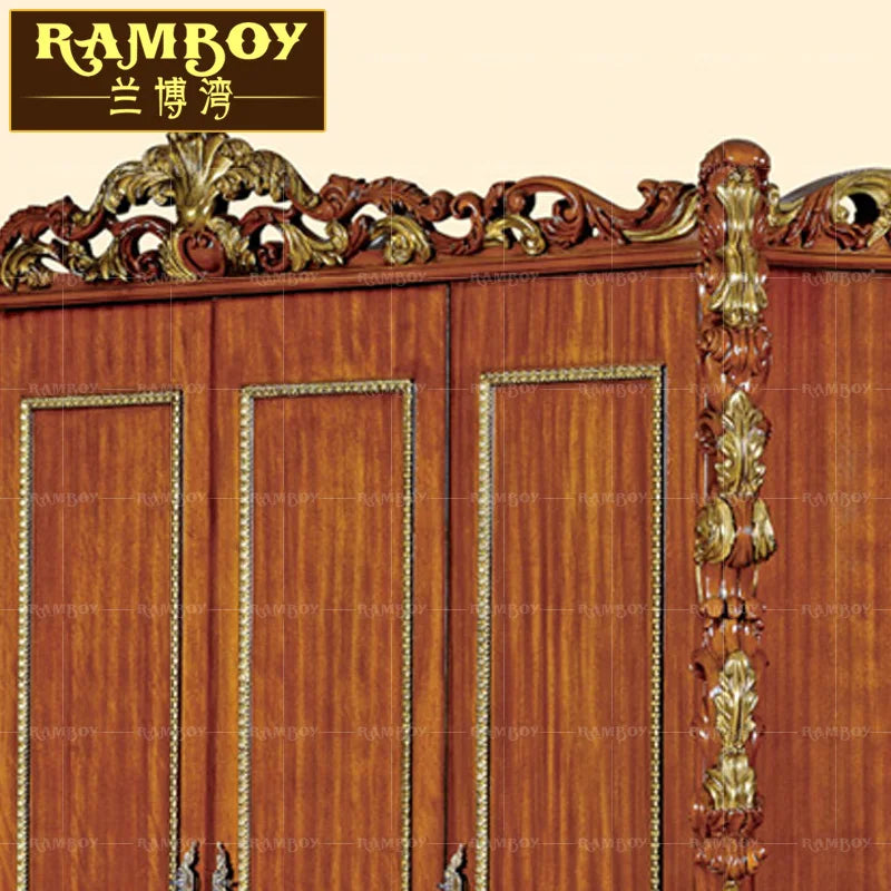 Italian Luxury Classical European Solid Wood Carved Wardrobe, Four-Door Villa Palace Bedroom Locker