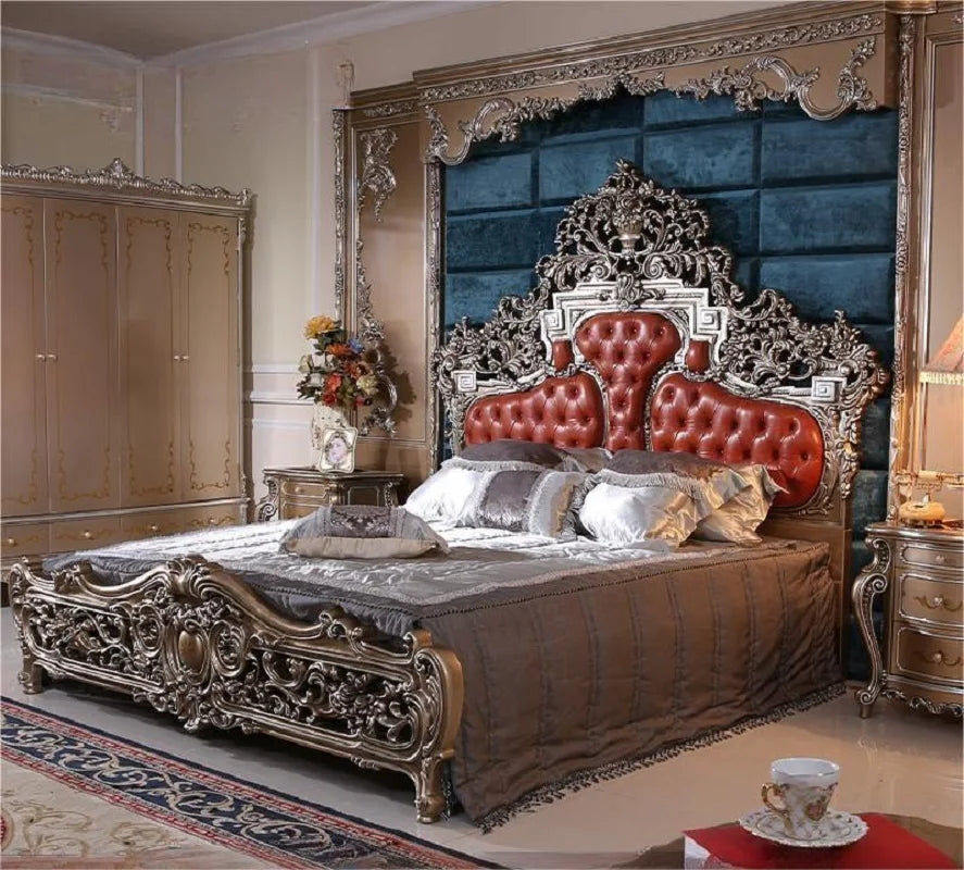 Palace French Baroque style leather double bed European style solid wood wedding bed neoclassical master bedroom king bed