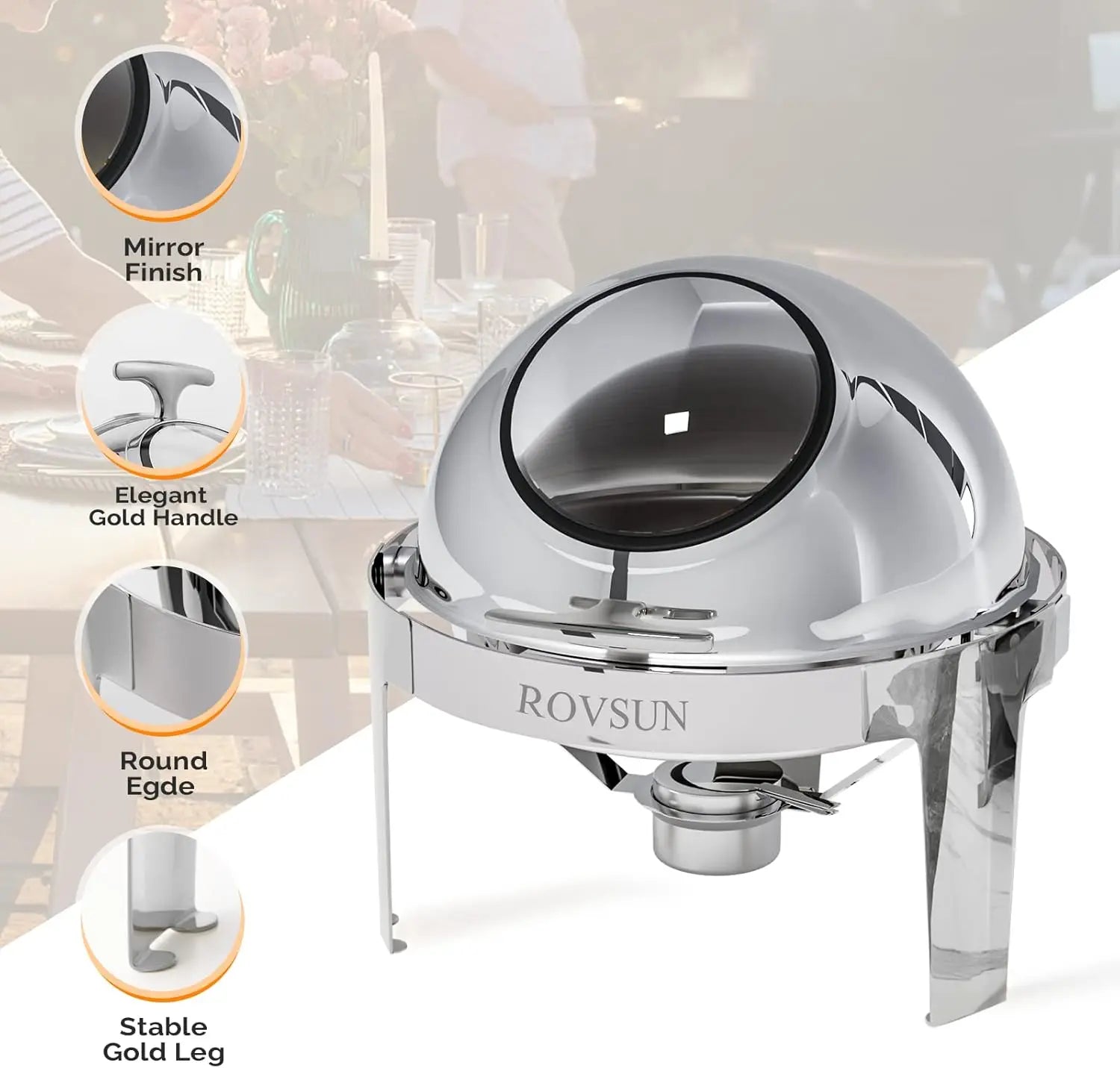 ROVSUN 3 Packs Roll Top Chafing Dish Buffet Set,6 Quart Round Stainless Steel Chafer for Catering,Buffet Servers