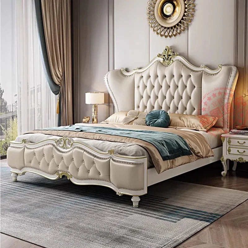 European Double Bed – King Size Wood Storage Organizer, Princess Style Bedroom