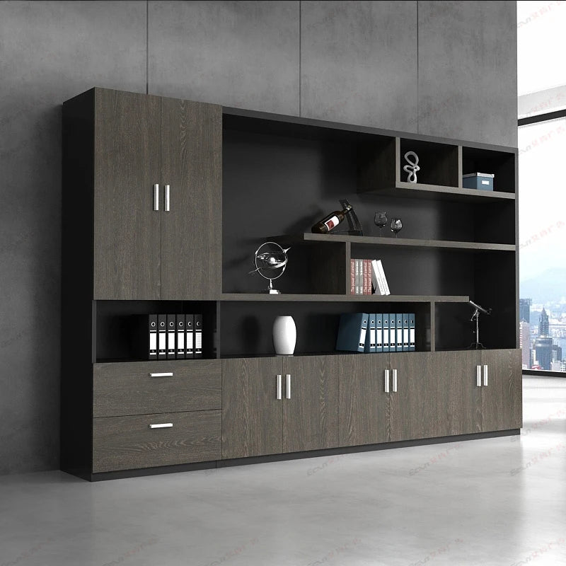 Wooden office furniture including a file cabinet, bookcase, and composite panel file cabinet, perfect for a boss&