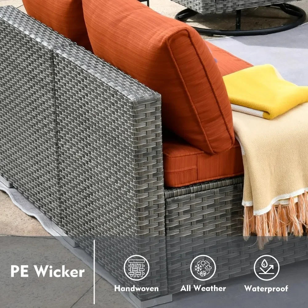 Rattan Wicker Sectional with Swivel Rocker Chairs and Fire Pit