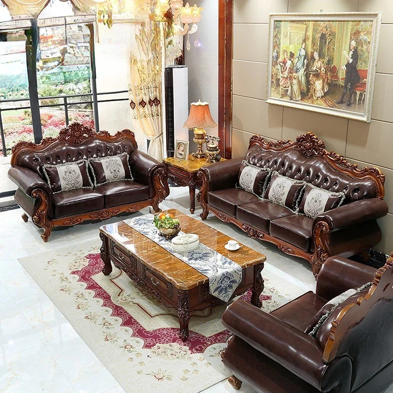 High-end European oak leather sofa set (1+2+3) for large American living rooms, ideal for luxury villas.
