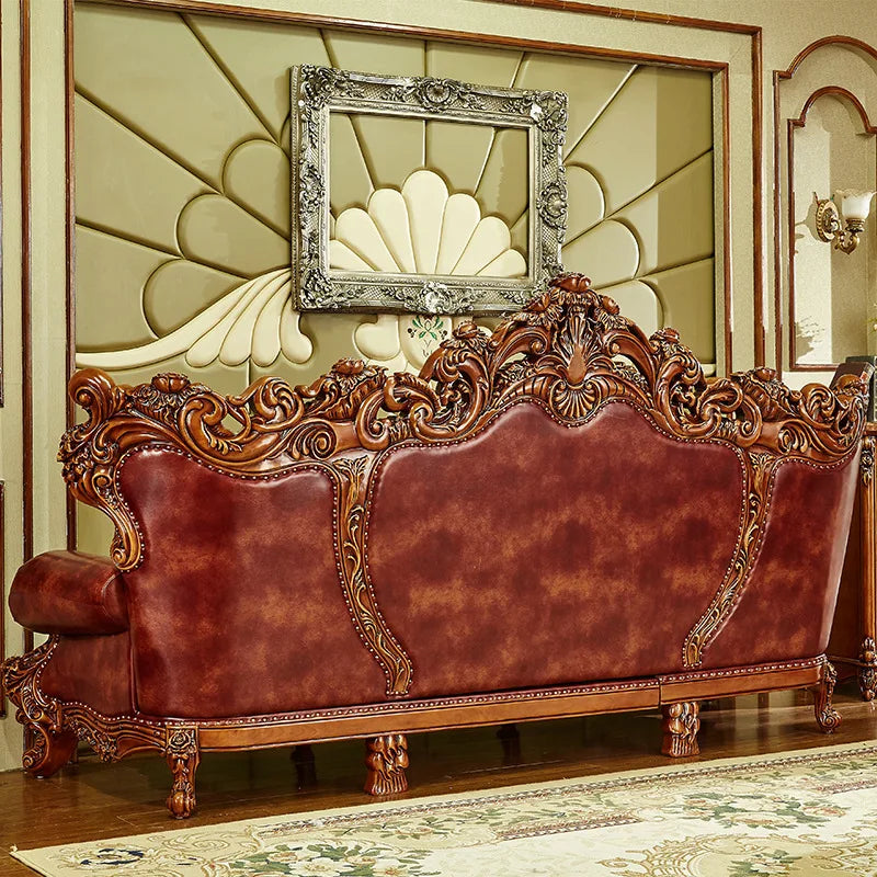 European-Style Leather All-Solid Wood Sofa Set: Luxury Combination for Living Rooms, Villas, and Whole House Support.