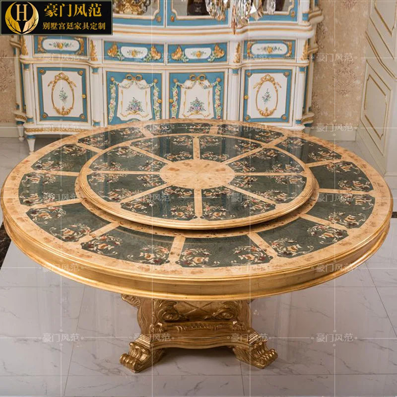 French Court Luxurious Painted Dining Set—European Solid Wood Round Table for six
