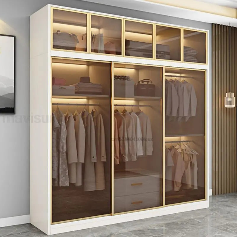 Italian Clothes Cabinet – Luxury Wood Wardrobe with LED Light, Storage Drawers, and Glass Sliding Doors