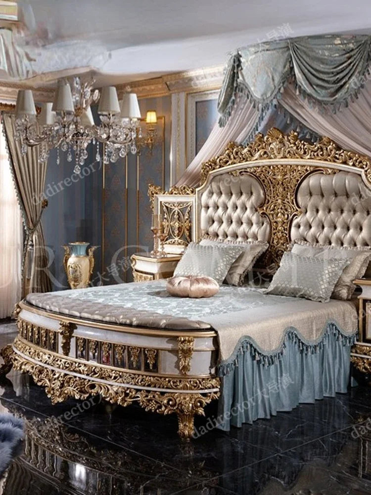 Luxury double bed in solid wood with fabric upholstery