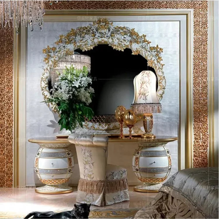 European luxury dressing table French court large flat solid wood carved makeup table mirror bedroom furniture customization