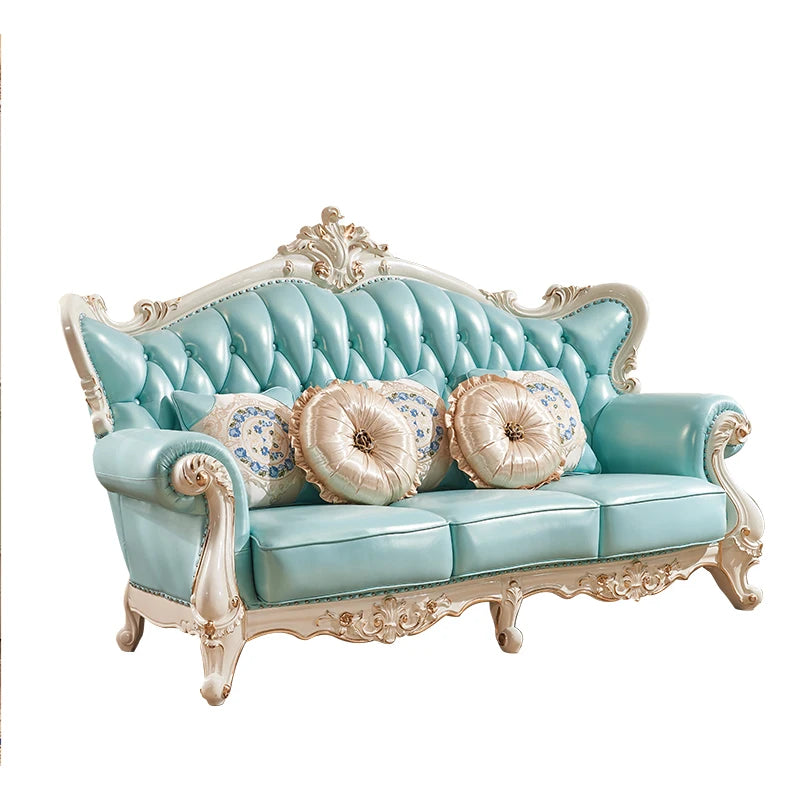 European Genuine Leather Sofa 123 Combo – Luxury Solid Wood Carved Living Room Set