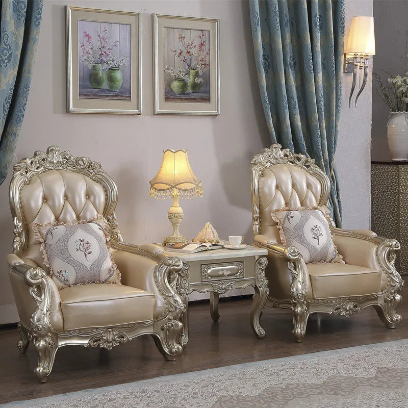 European-Style Leather Sofa Combination: Luxury Solid Wood Carved Sectional for Villa Living Rooms.