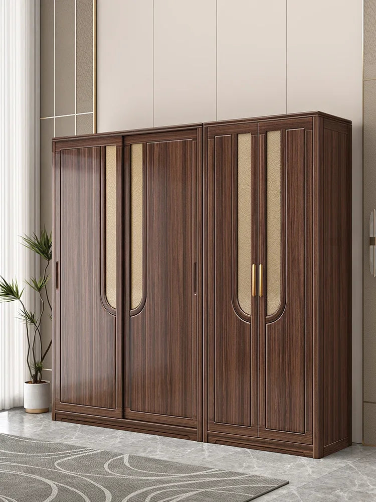 Solid wood wardrobe walnut sliding door combination home bedroom wardrobe light luxury modern storage wardrobe