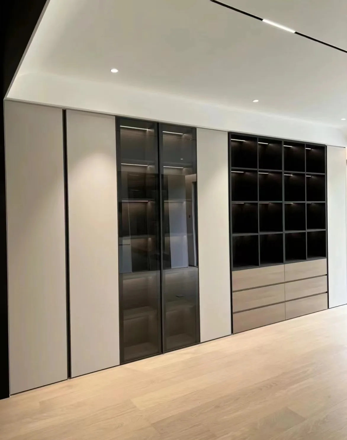 New customizable bookcase made from fireproof boards, luxury library furniture, featuring a wooden, wall-mounted design