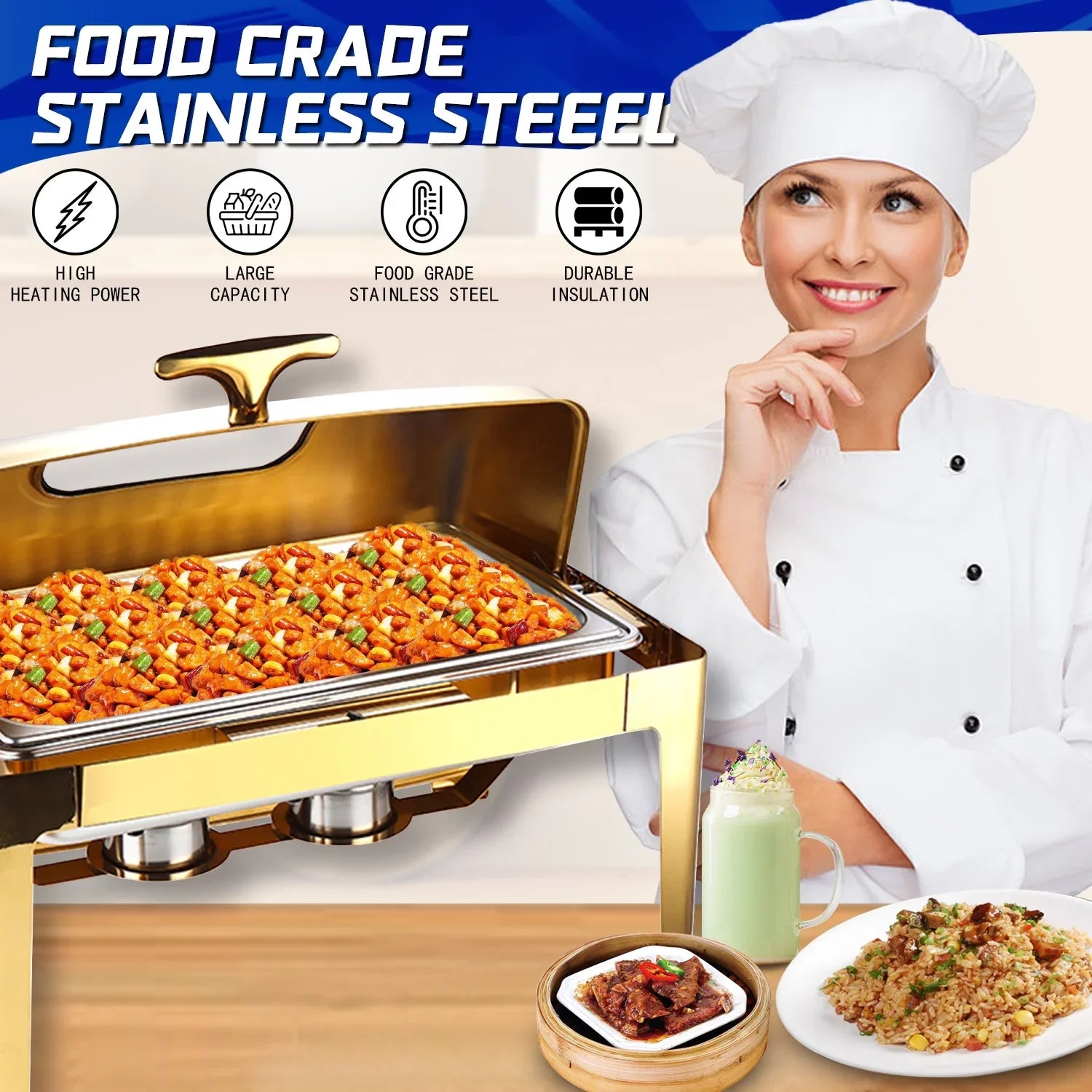 YITIAN Modern Stainless Food Warmer Buffet Serving Equipment Catering 6l Gold Round Alcohol Stove Chafing Dish Heater