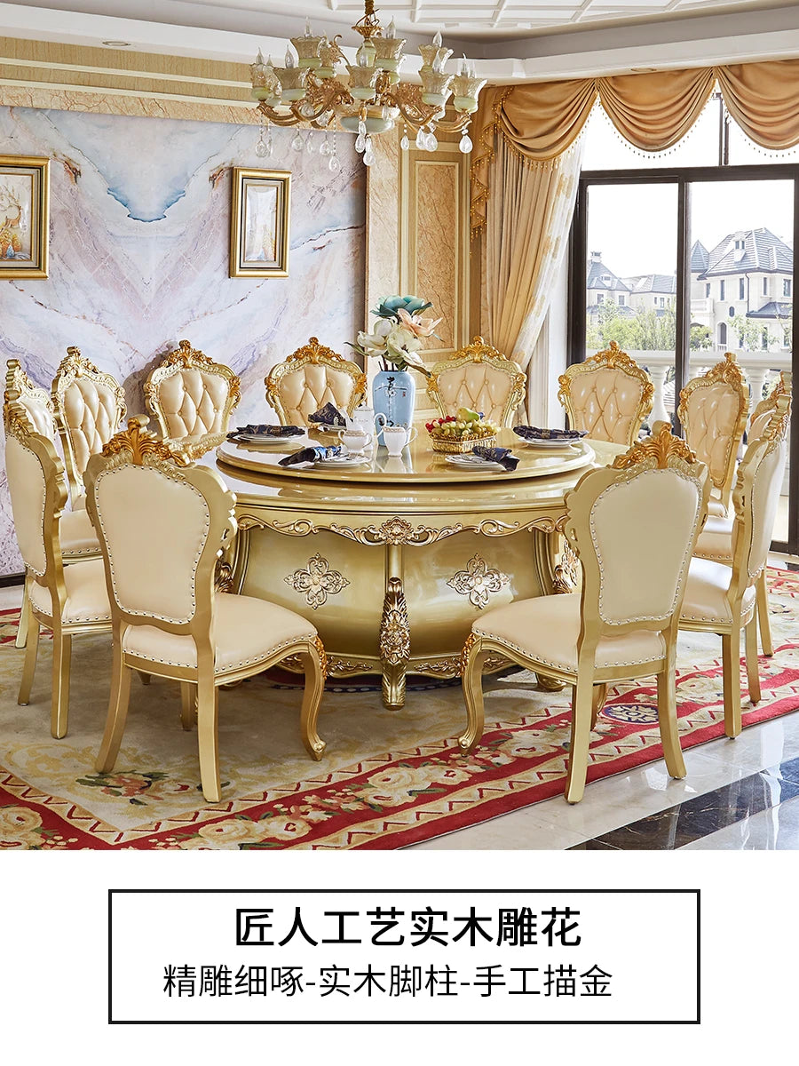 European round table, full solid wood dining table, luxury champagne golden dining table, round dining table and chairs