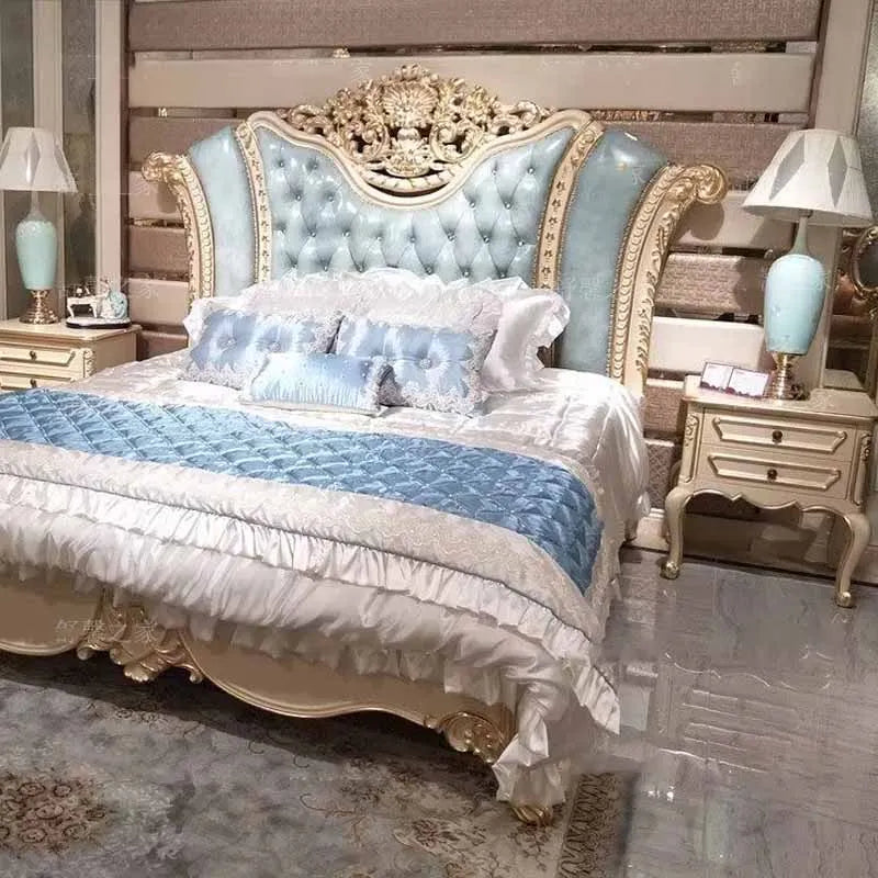 Solid wood carved double bed, European style leather princess bed, Italian villa high-end customized 1.8-meter wedding bed