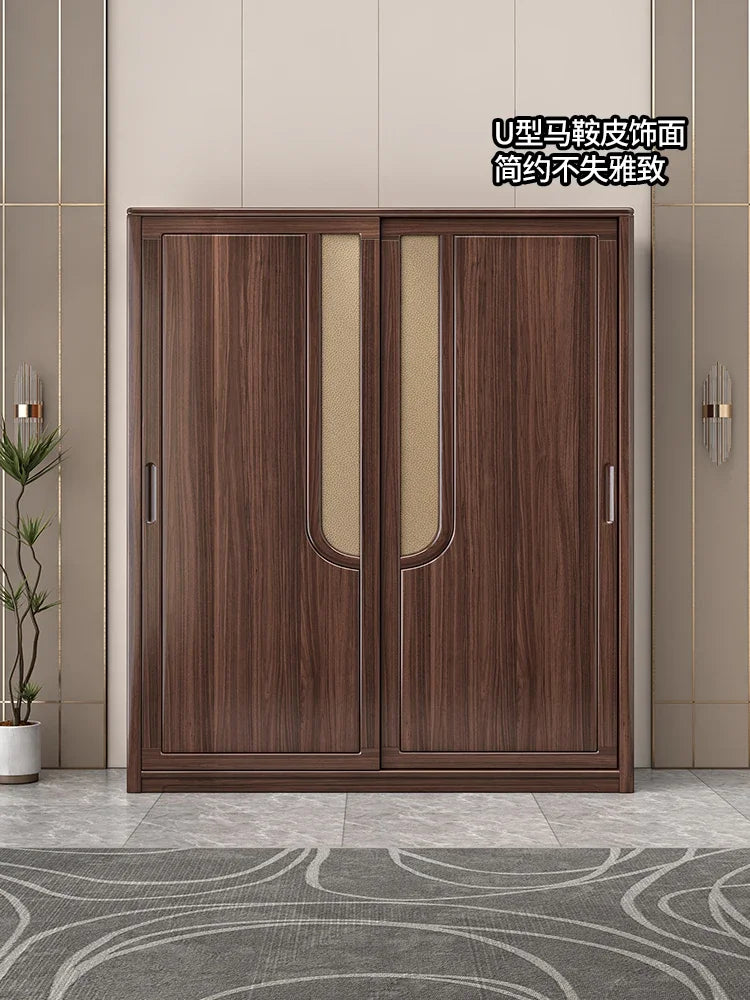 Solid wood wardrobe walnut sliding door combination home bedroom wardrobe light luxury modern storage wardrobe
