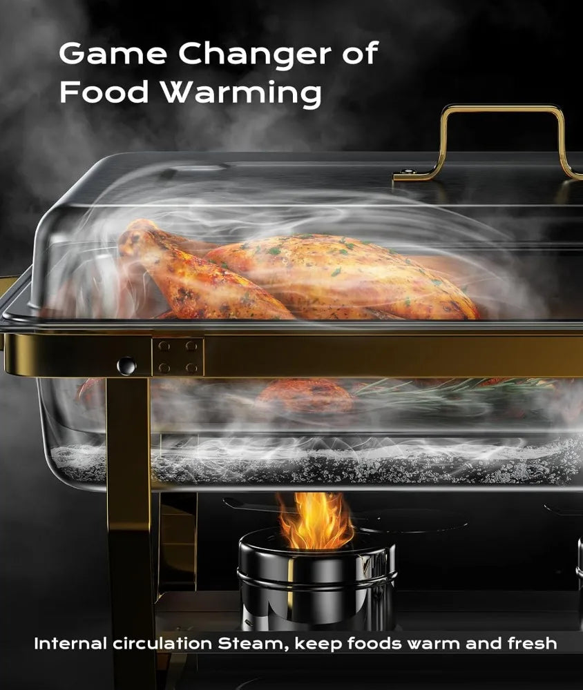 4-Pack 8QT Chafing Dishes for Buffet – Elegant Gold and Silver Stainless Steel Set, Sturdy and High-Quality.
