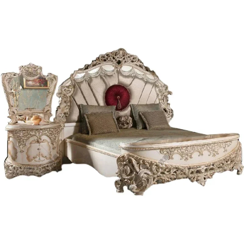 Custom European villa double bed, hand-carved from solid wood, featuring luxurious fabric