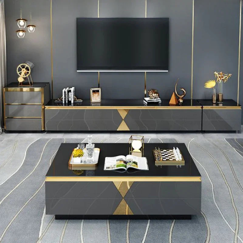 Luxury Modern Wooden TV Cabinet – Black and Gold Floor Unit with Drawers for Living Room.