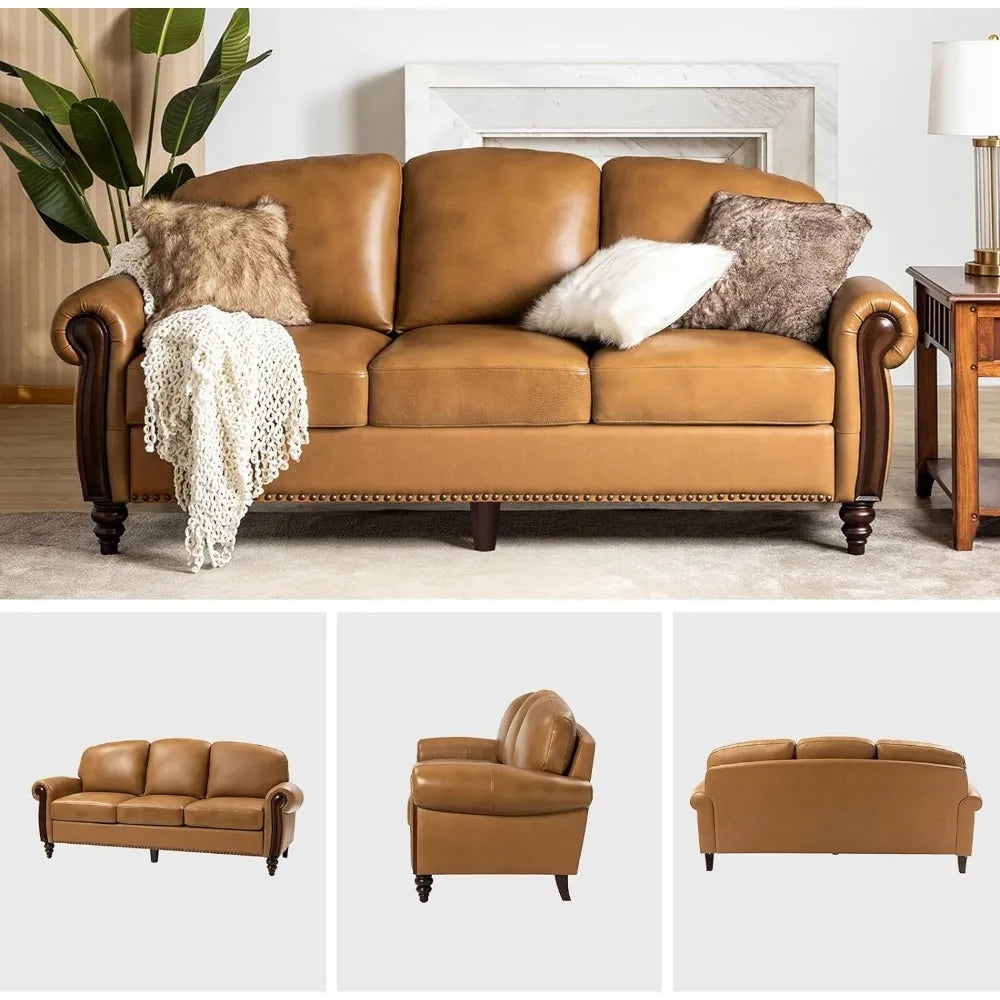 Genuine Leather Sofa 3-Seater Couch Traditional Living Room Sofa with Carved Solid Wood Legs, Camel