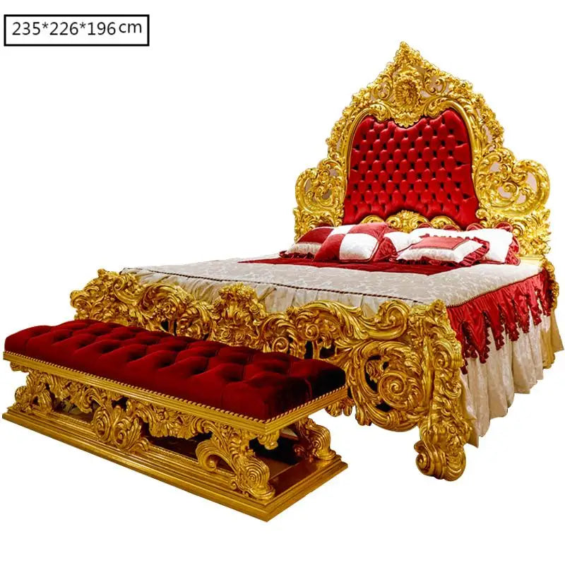 Luxury European style fabric bed Italian court French style gold foil solid wood double bed villa bedroom bedside table