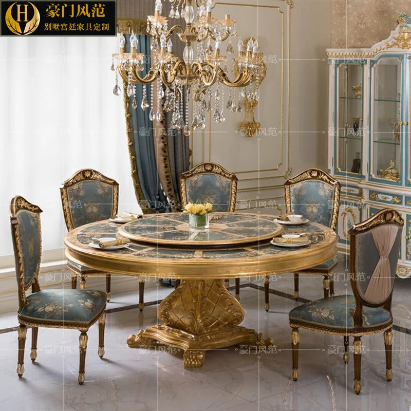 French Court Luxurious Painted Dining Set—European Solid Wood Round Table for six