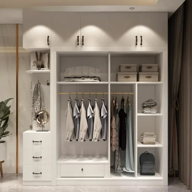 Simple Small Bedroom Wardrobe – Complete Furniture Set with Open Closets, Shoe Rack, and Wooden Storage