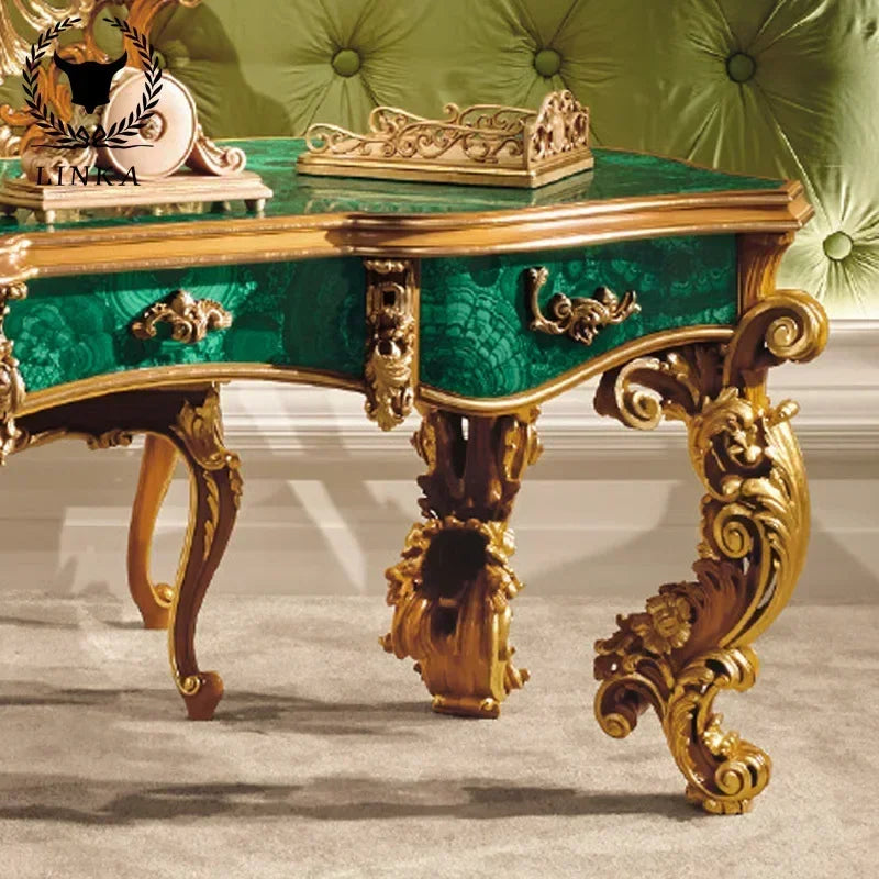 European Solid Wood Desk: Luxury Emerald Green with Gold Foil, Italian-French Carved Design, Customizable for Villas.