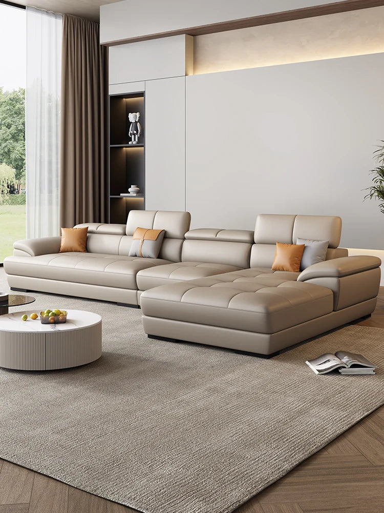 Nordic leather sofa with cowhide top layer, simple modern size, living room, Italian minimalist cream style leather sofa