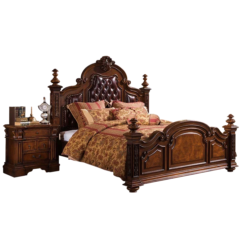 European retro leather double luxury master bedroom American solid wood bed 1.8 meters large bed