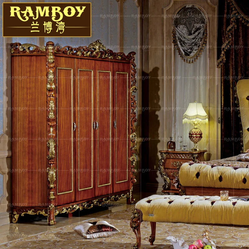 Italian Luxury Classical European Solid Wood Carved Wardrobe, Four-Door Villa Palace Bedroom Locker
