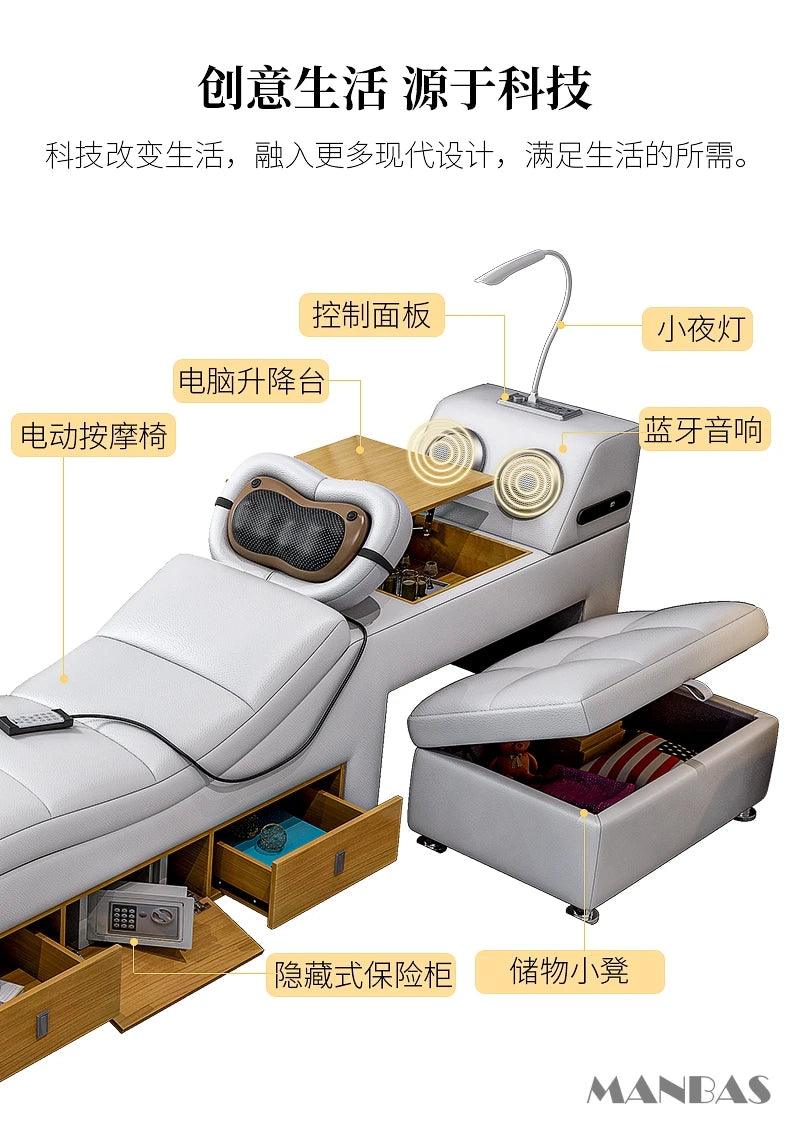 Tech Smart Multifunctional Bed with Genuine Leather, Massage, USB, Bluetooth Speaker, and Tatami for Safety.