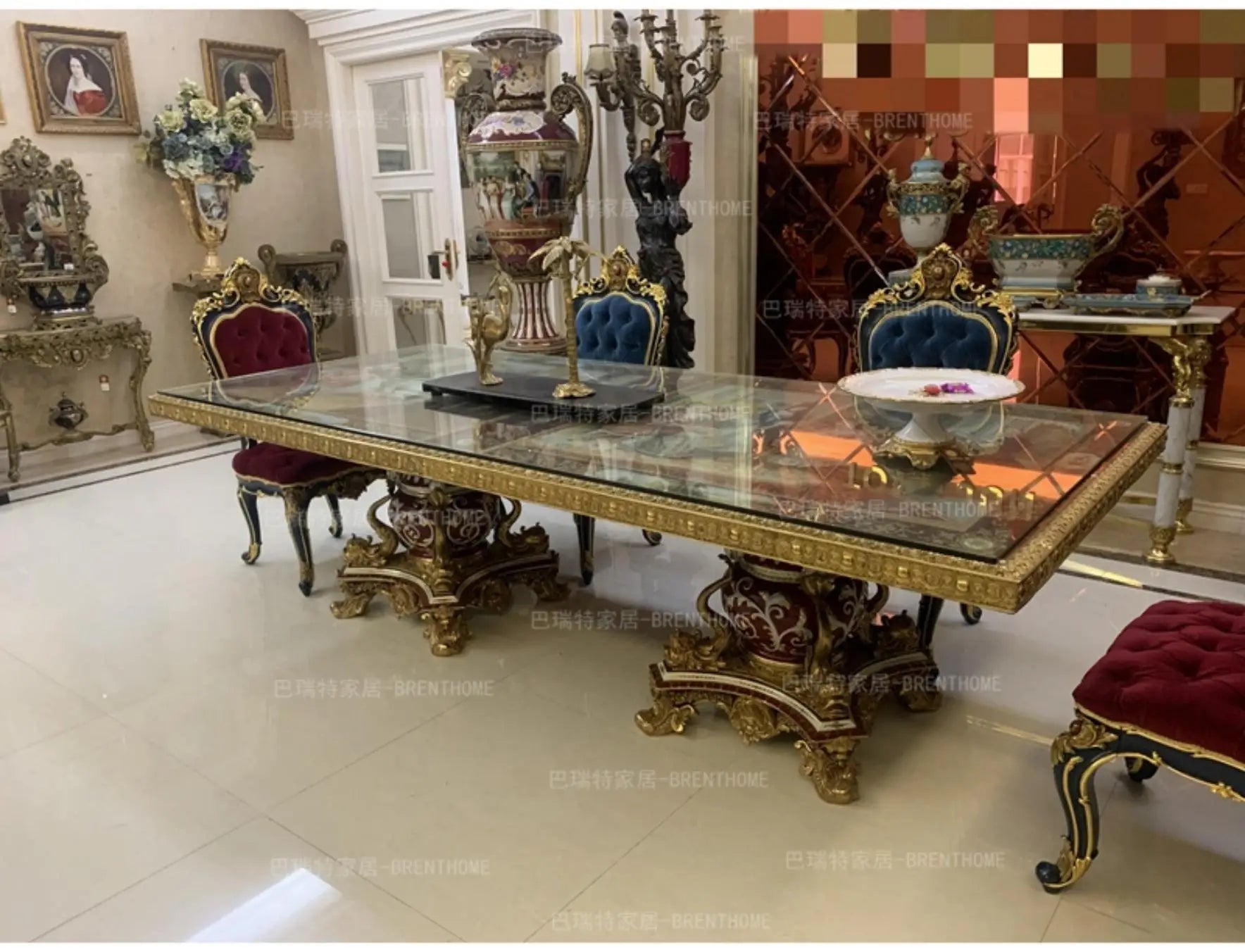 Restaurant furniture European carving metal all-copper ceramic painting 2.8 meters long dining table red ceramic villa mansion