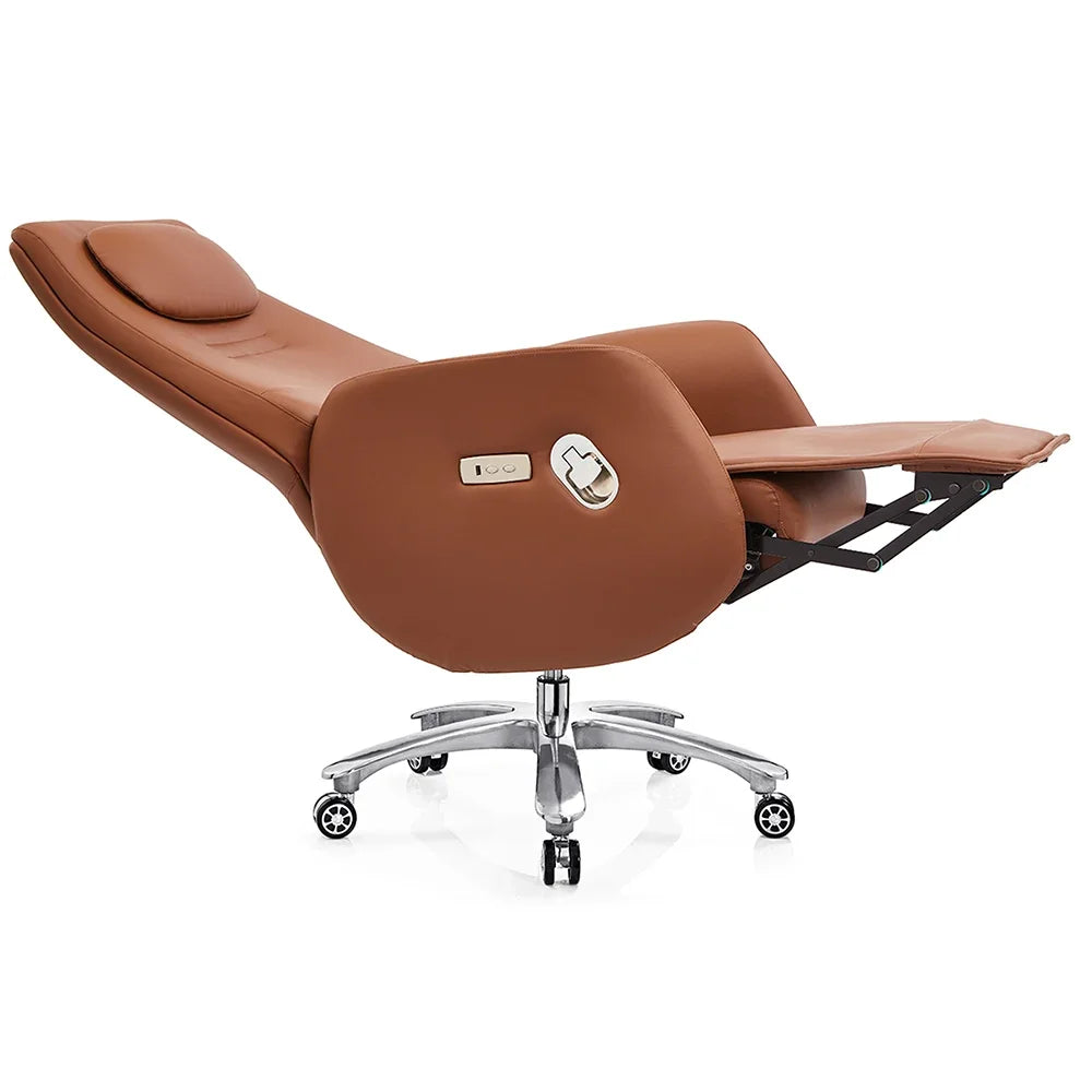 Luxury Electric Reclining Leather Boss Office Chair with Wooden Base.