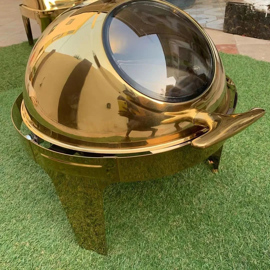uffet clamshell6L Stainless Steel Buffet Chafing Dish Set – Gold Clamshell Food Warmer for Catering and Buffets.