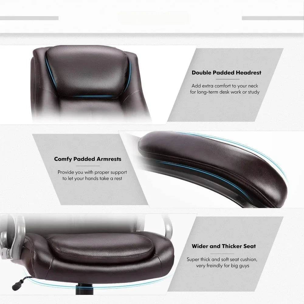 Office Chair Wide Seat - High Back PU Leather Executive Computer Desk and Chair with Ergonomic Back Support - Black