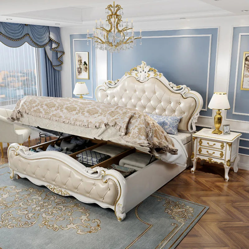 European King Size Double Bed with Luxury Side Tables - Modern White Storage Bedroom Furniture.