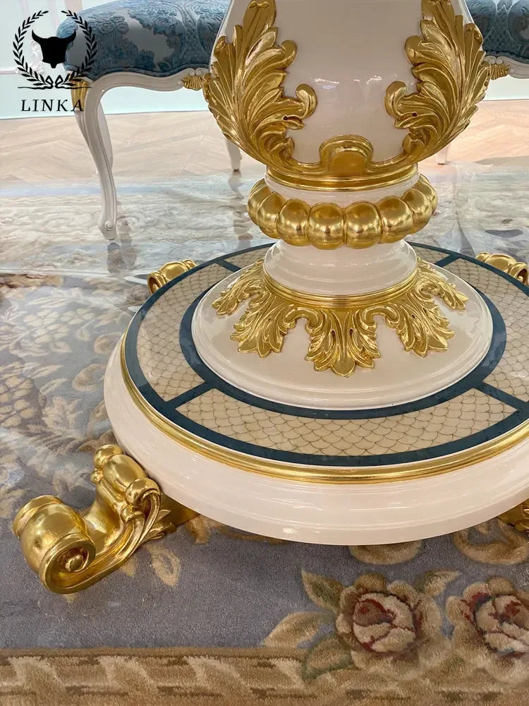 European French Romantic Round Dining Table: Solid Wood with Turntable, Perfect for Villa Living Rooms.
