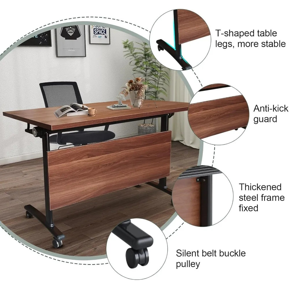 Foldable Conference Room Table, Flip-Top Mobile Training Table with Wheels, Metal Legs