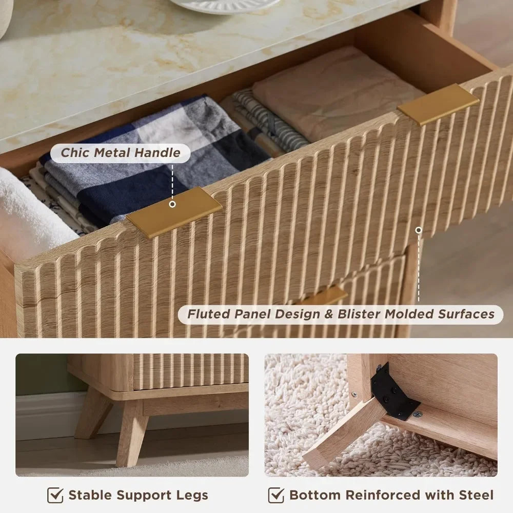 Fluted 6 , 54" Wide Modern Chest of Drawers with Faux Marble Top, Curved Profile Design, Wood Drawer Natural Oak