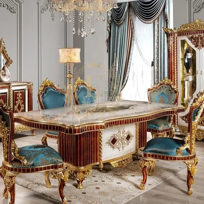 Custom European solid wood long dining tables and chairs luxury gold foil carved French court Baroque Restaurant