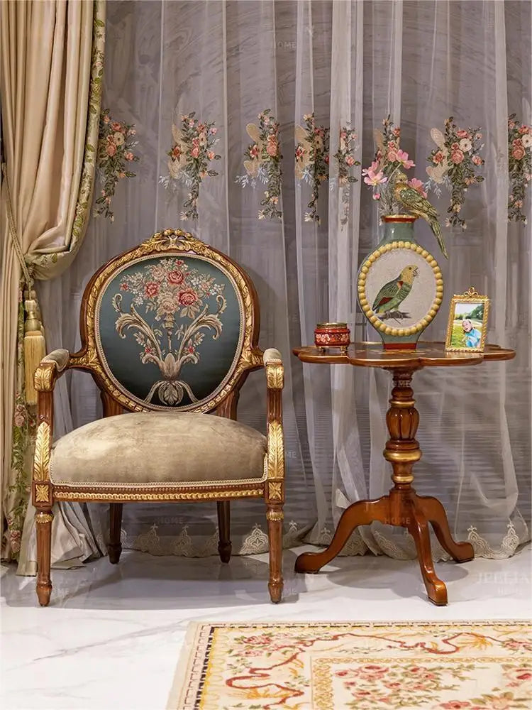 European Style Retro Classical Solid Wood Beech Sofa Chair: Dark Green Floral Design with Elegant Brown and Gold Foil Accents for Villa Decor.