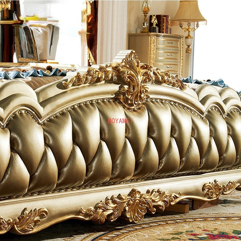 Pafia European Villa Leather Bed 1.8m Big Bed Solid Wood Carved Bed Wholesale