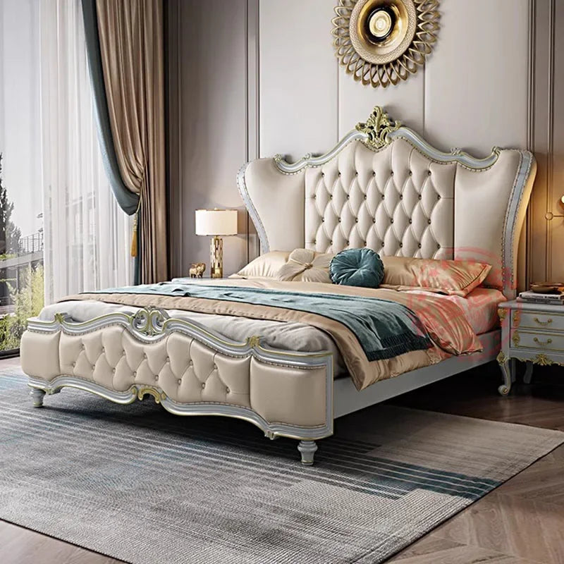 European Double Bed – King Size Wood Storage Organizer, Princess Style Bedroom