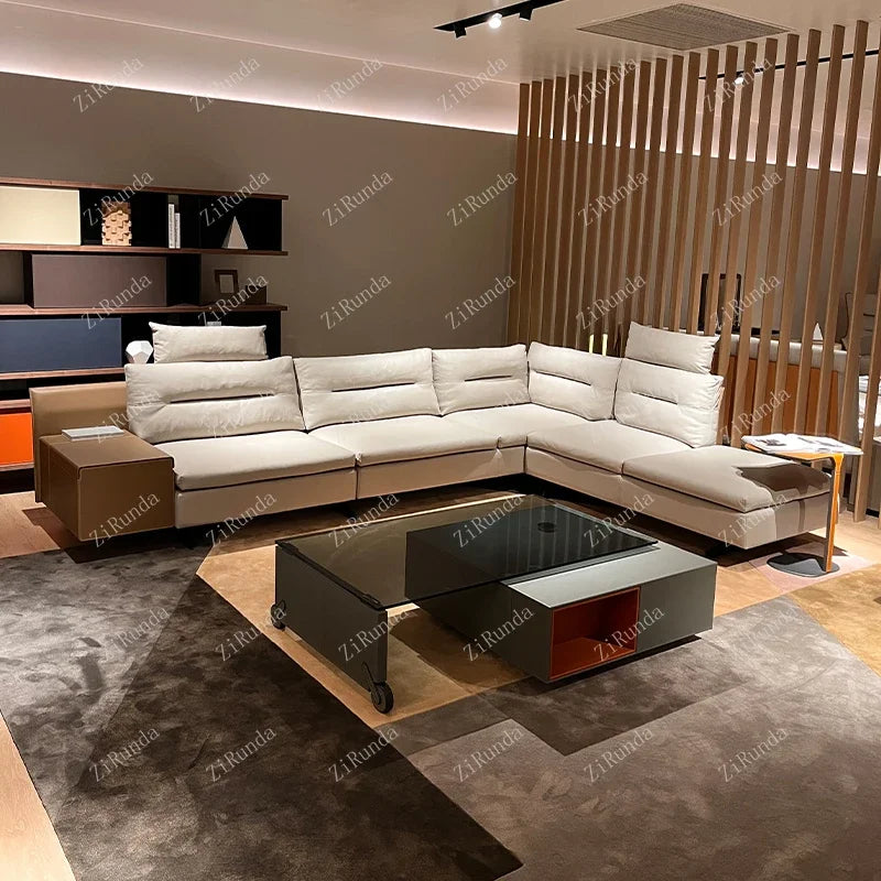 Italian Minimalist Saddle Leather 360° Rotating Glass Coffee Table – High-End, Light Luxury