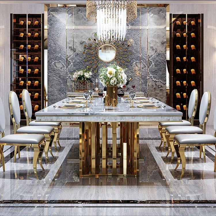 Light luxury villa marble dining table and chair set Italian modern dining room stainless steel base rectangle dining table
